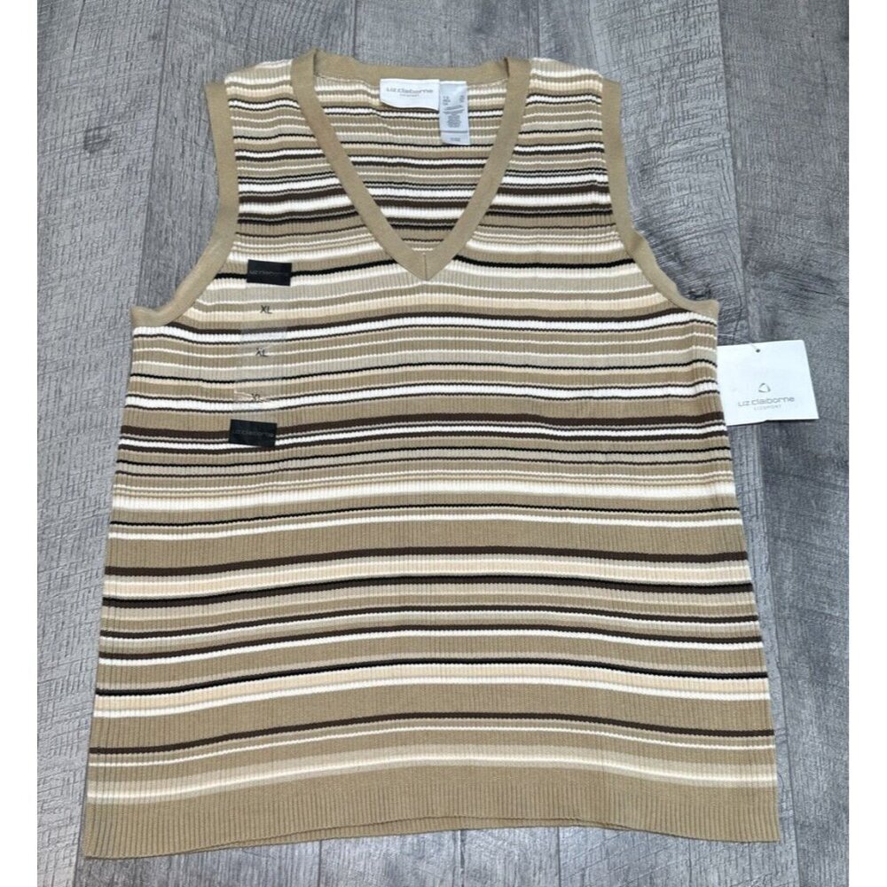 Liz Claiborne Lizsport Sweater Vest Womens XL Tan Striped Pullover Academia NEW